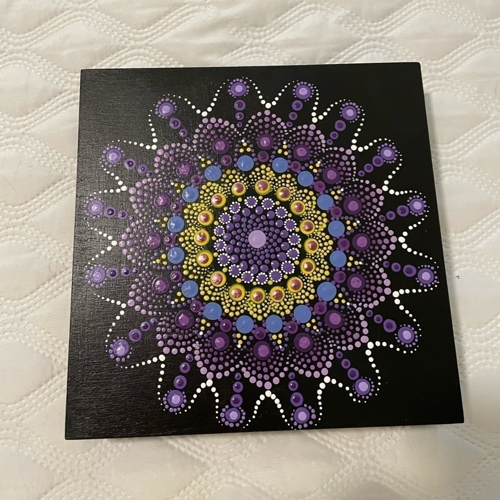 Hand painted dot mandala on wood 8”x8”